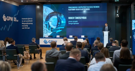 widok na całą salę konferencyjną z ekranem w tle